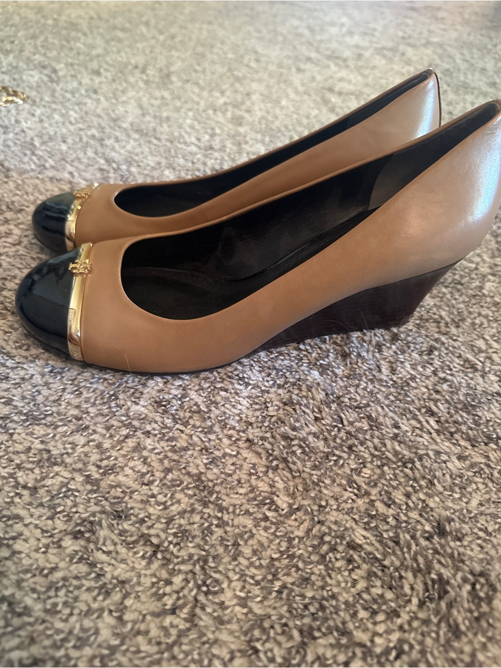 Tory Burch Two-Tone Tan and Black Wedge Pumps with Gold Logo Trim